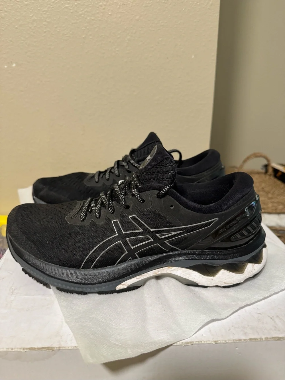 Asics Black Gel Kayano 27 Athletic Running Shoes with White Midsole Accents